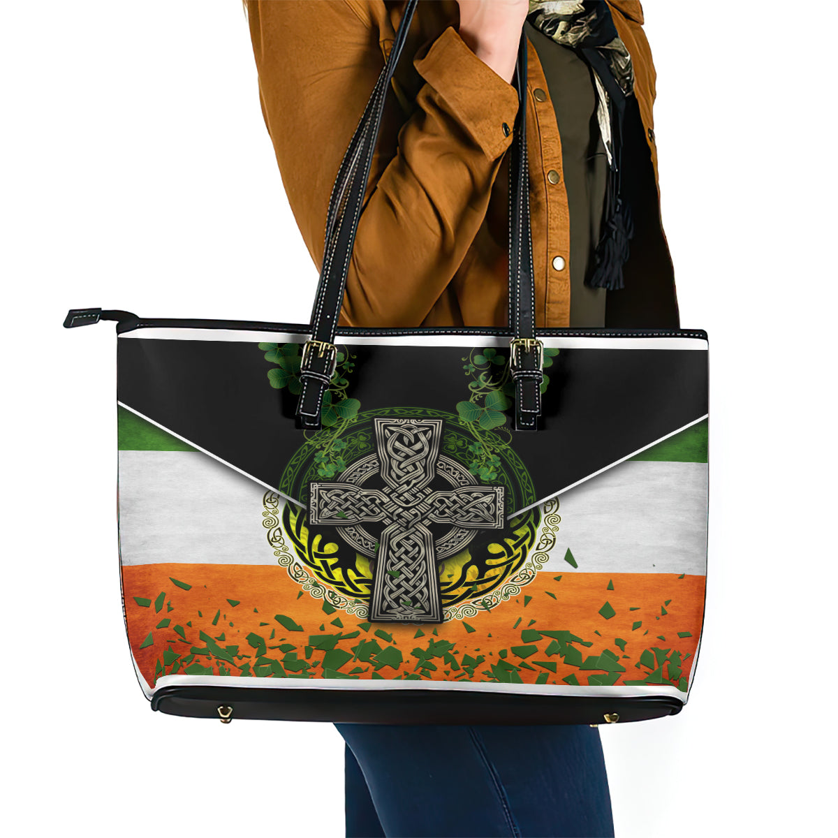 Irish Cross Mix With Shamrock Floral And Flag Leather Tote Bag - Wonder Print Shop