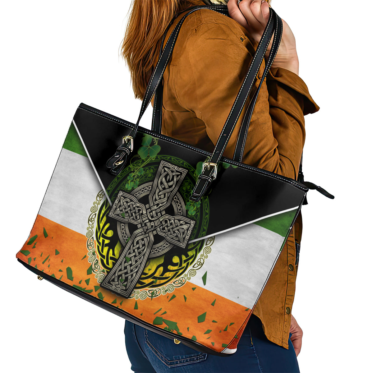Irish Cross Mix With Shamrock Floral And Flag Leather Tote Bag - Wonder Print Shop