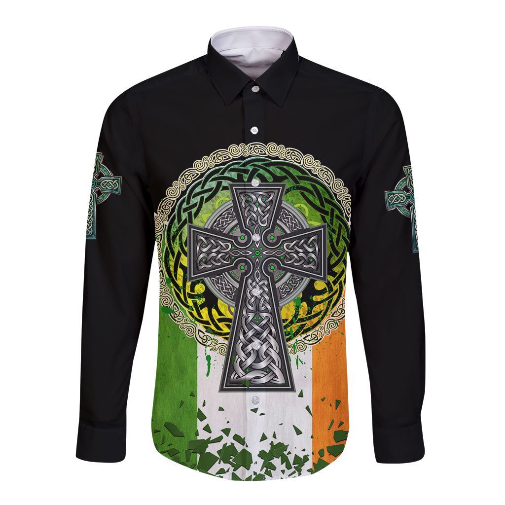 Irish Cross Mix With Shamrock Floral And Flag Long Sleeve Button Shirt - Wonder Print Shop