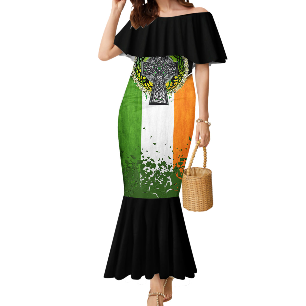 Irish Cross Mix With Shamrock Floral And Flag Mermaid Dress - Wonder Print Shop