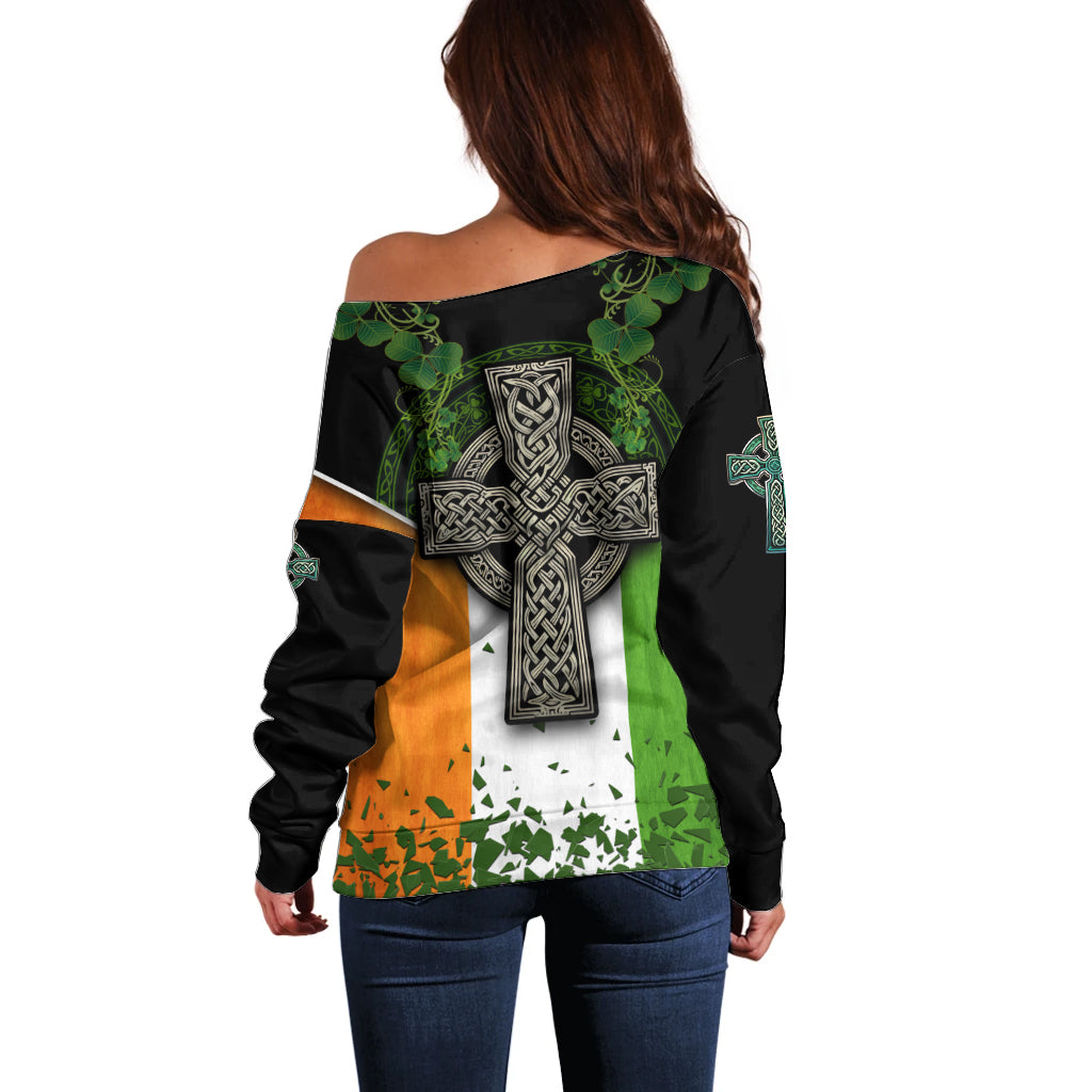 Irish Cross Mix With Shamrock Floral And Flag Off Shoulder Sweater - Wonder Print Shop