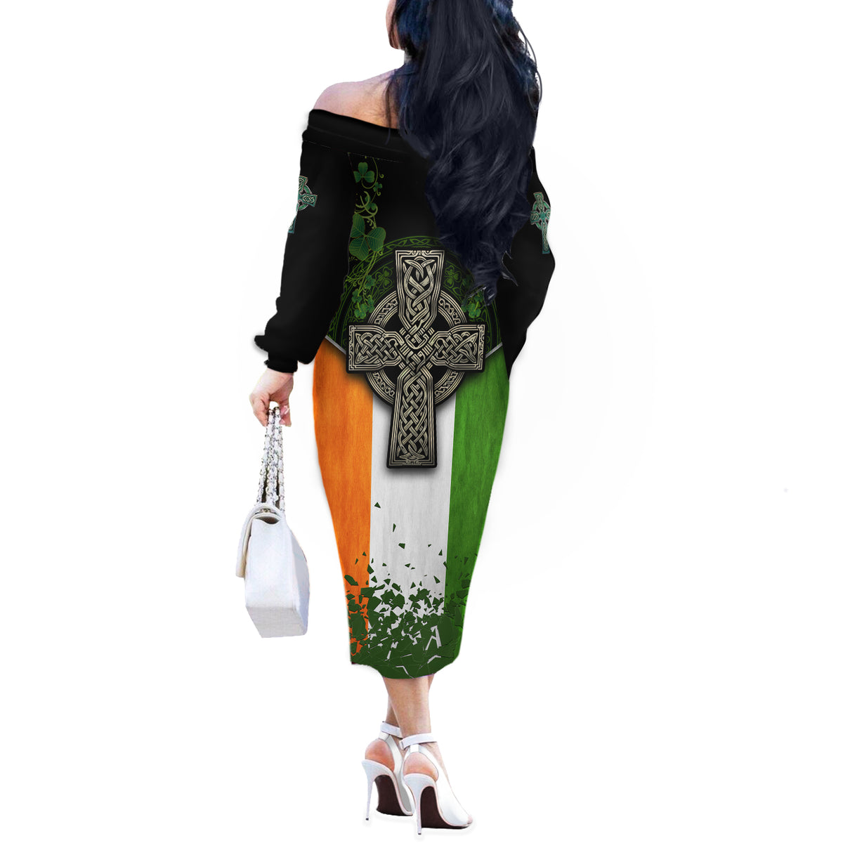 Irish Cross Mix With Shamrock Floral And Flag Off The Shoulder Long Sleeve Dress - Wonder Print Shop