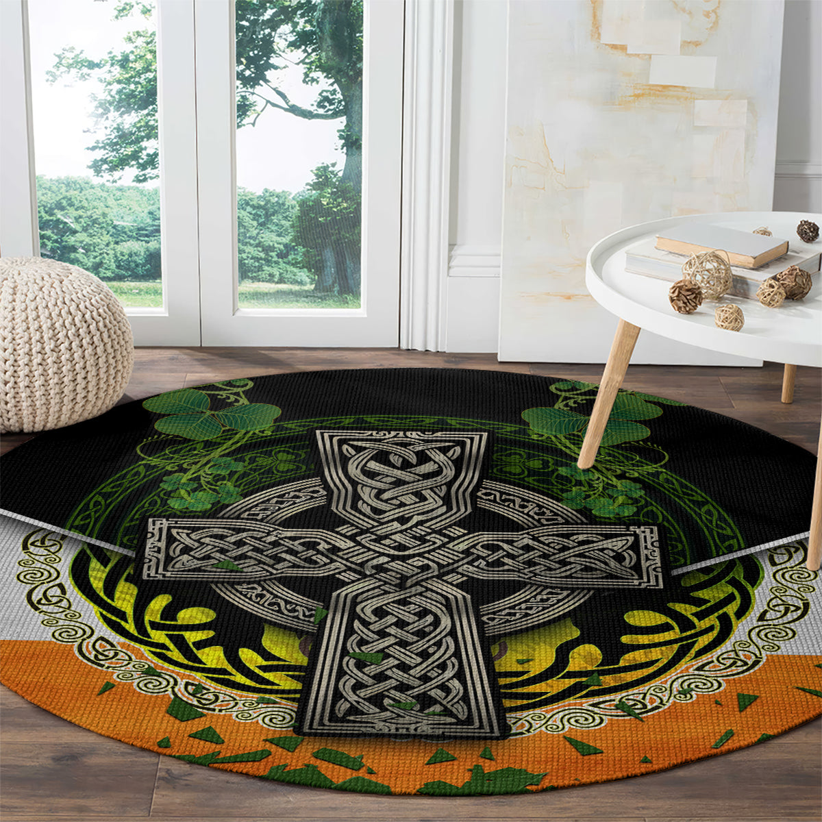 Irish Cross Mix With Shamrock Floral And Flag Round Carpet