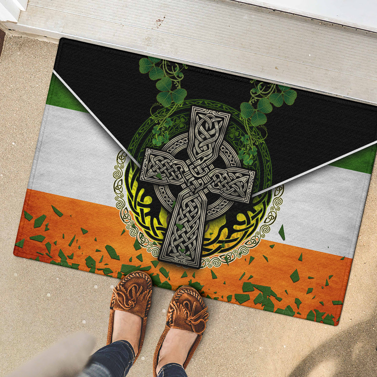 Irish Cross Mix With Shamrock Floral And Flag Rubber Doormat - Wonder Print Shop
