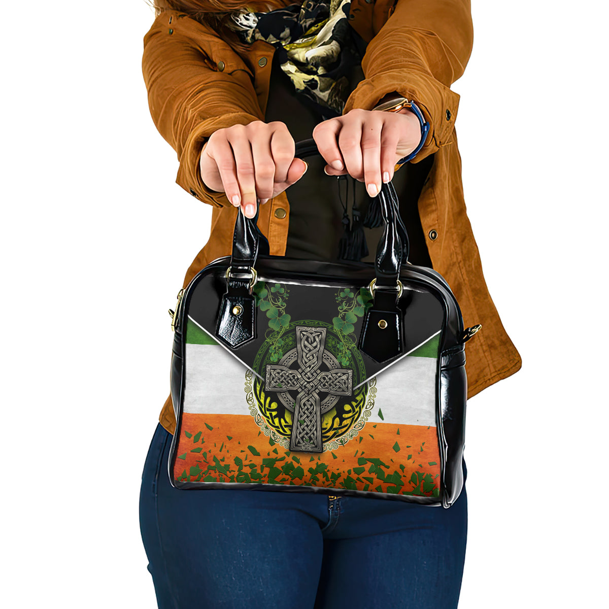 Irish Cross Mix With Shamrock Floral And Flag Shoulder Handbag
