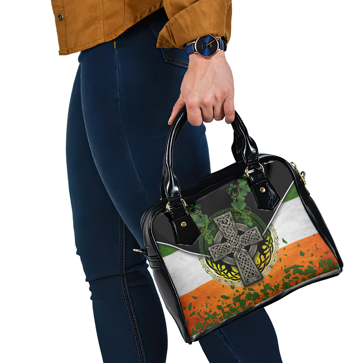 Irish Cross Mix With Shamrock Floral And Flag Shoulder Handbag