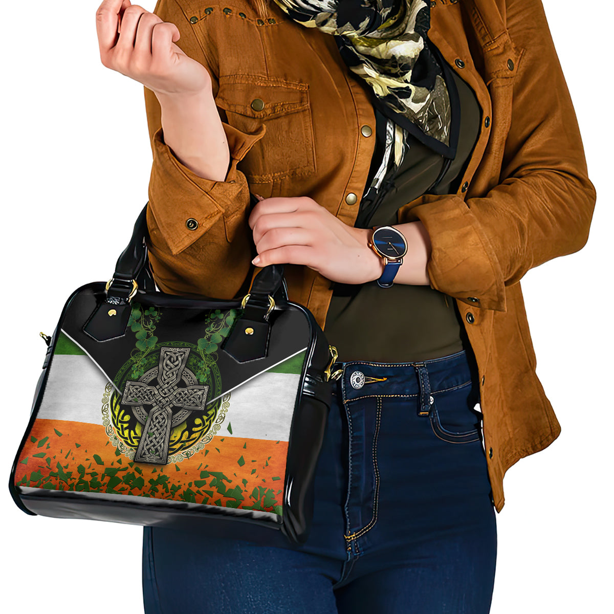 Irish Cross Mix With Shamrock Floral And Flag Shoulder Handbag