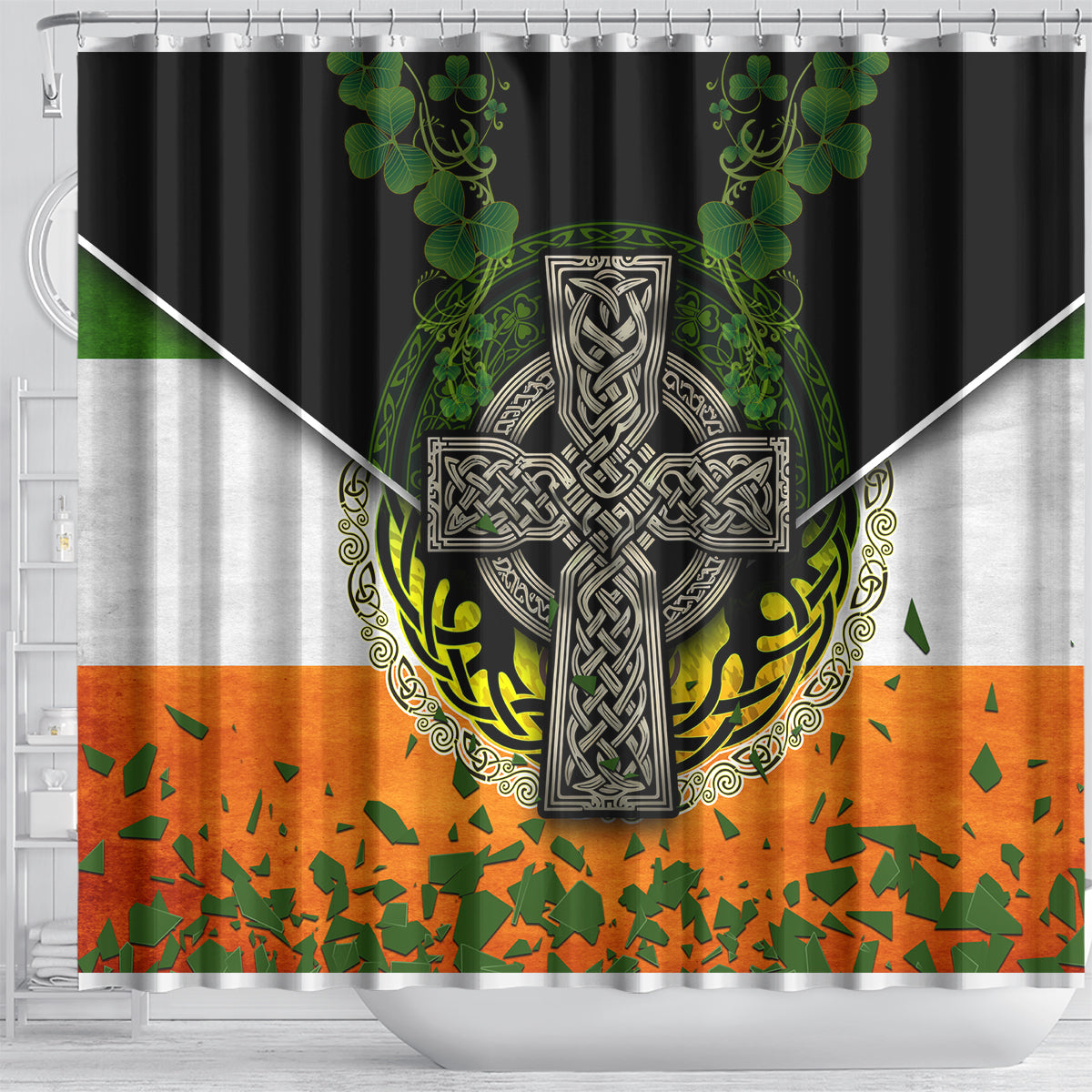 Irish Cross Mix With Shamrock Floral And Flag Shower Curtain