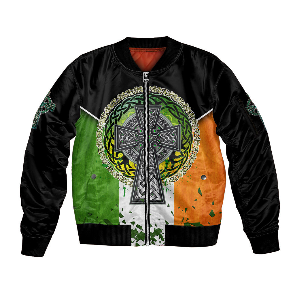 Irish Cross Mix With Shamrock Floral And Flag Sleeve Zip Bomber Jacket - Wonder Print Shop
