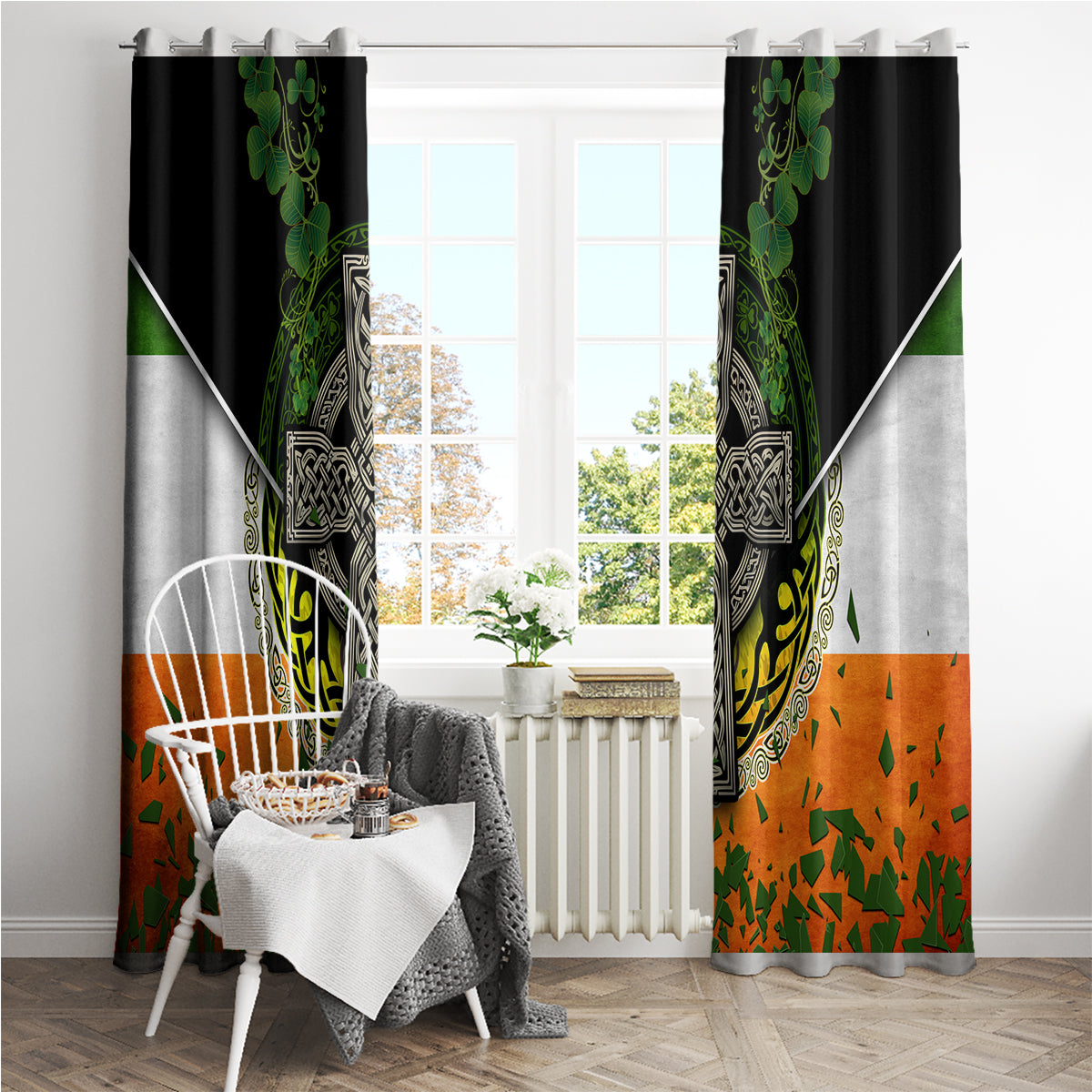 Irish Cross Mix With Shamrock Floral And Flag Window Curtain - Wonder Print Shop