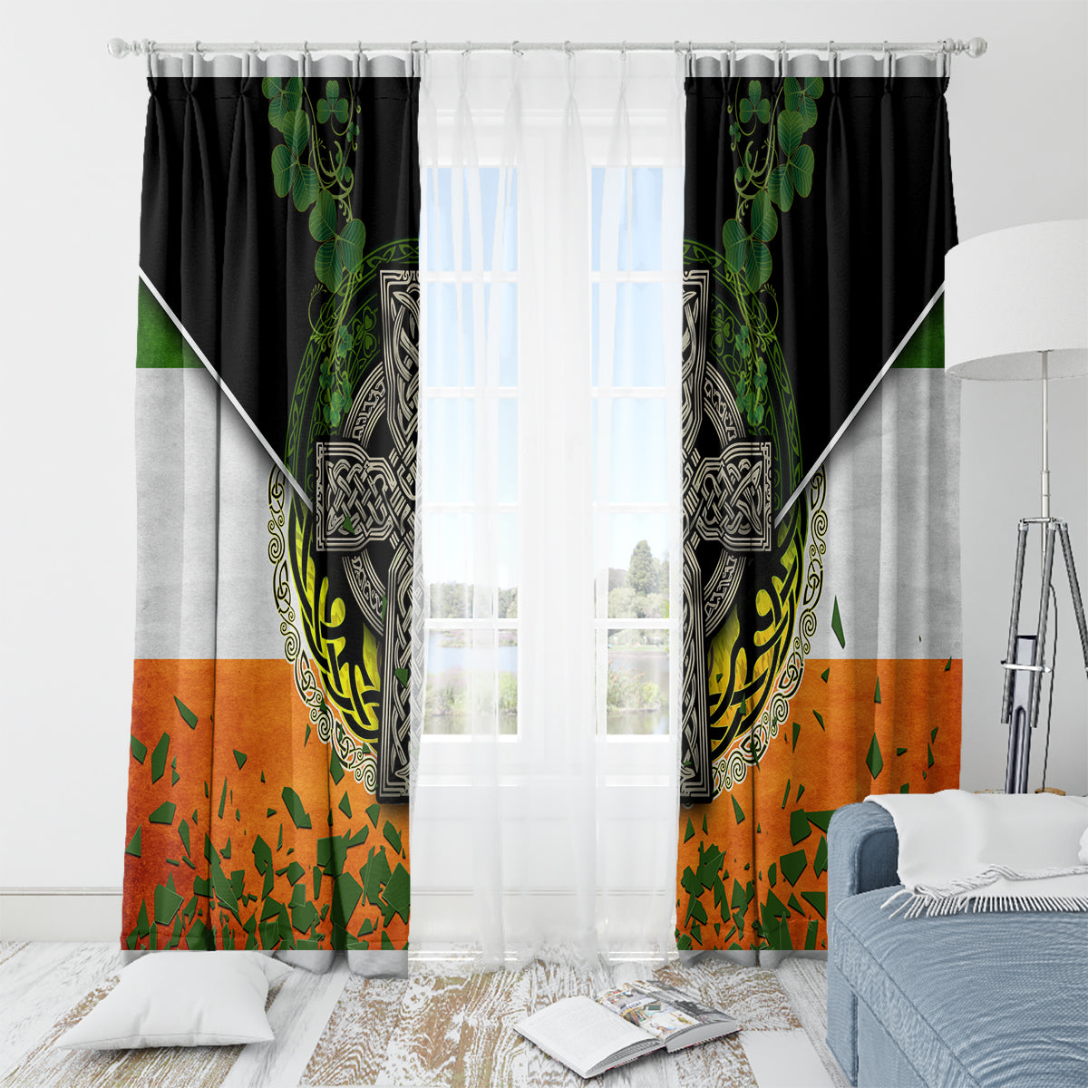 Irish Cross Mix With Shamrock Floral And Flag Window Curtain - Wonder Print Shop