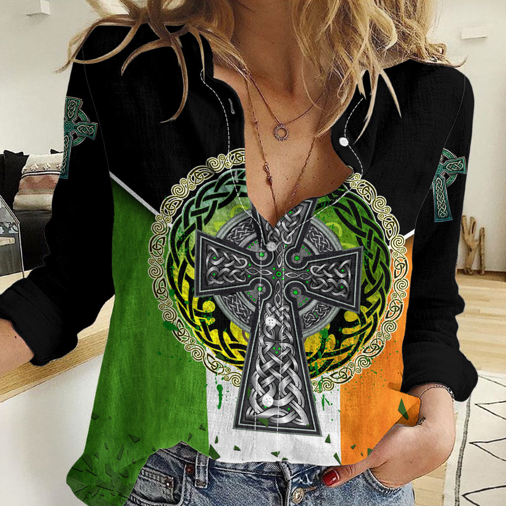Irish Cross Mix With Shamrock Floral And Flag Women Casual Shirt - Wonder Print Shop