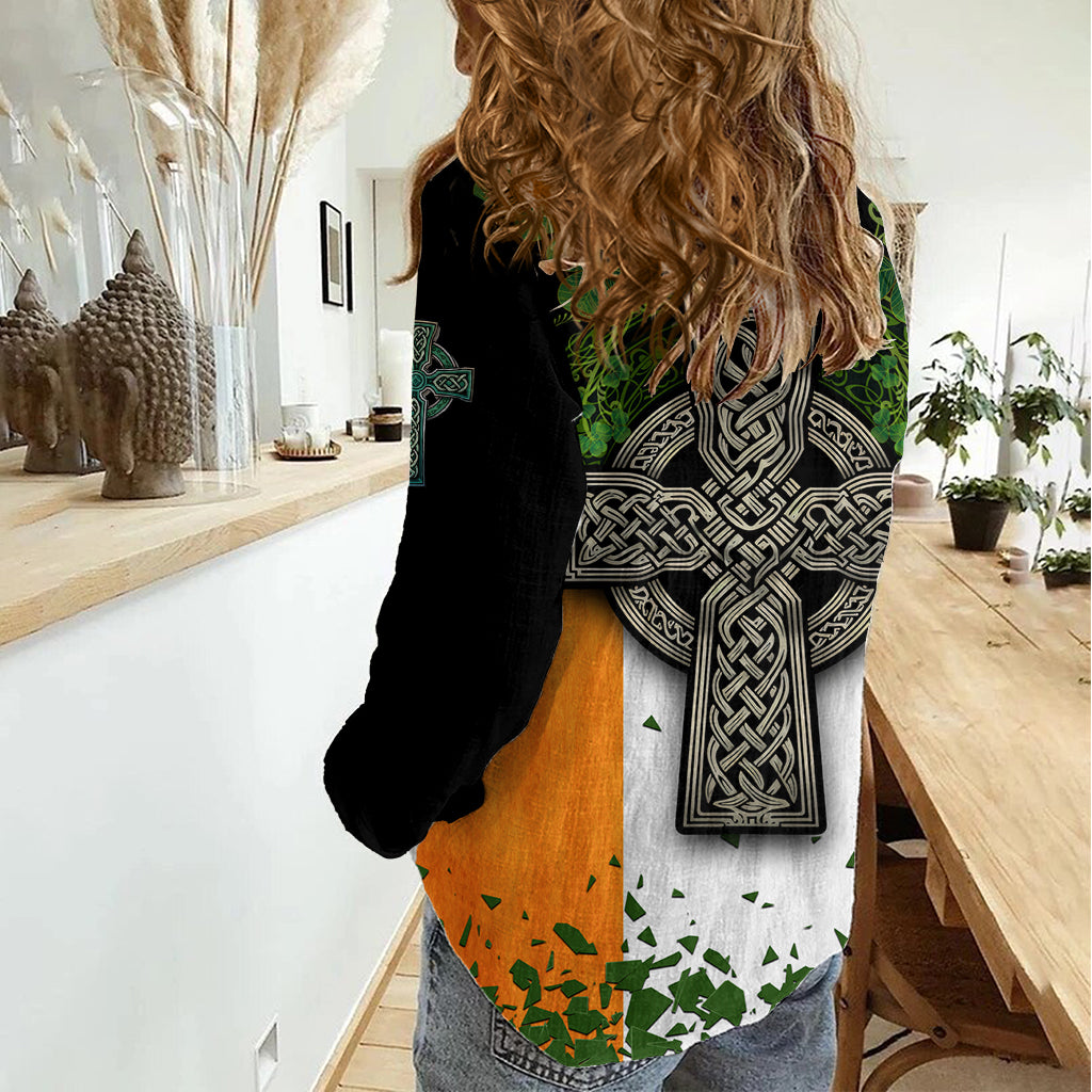 Irish Cross Mix With Shamrock Floral And Flag Women Casual Shirt - Wonder Print Shop