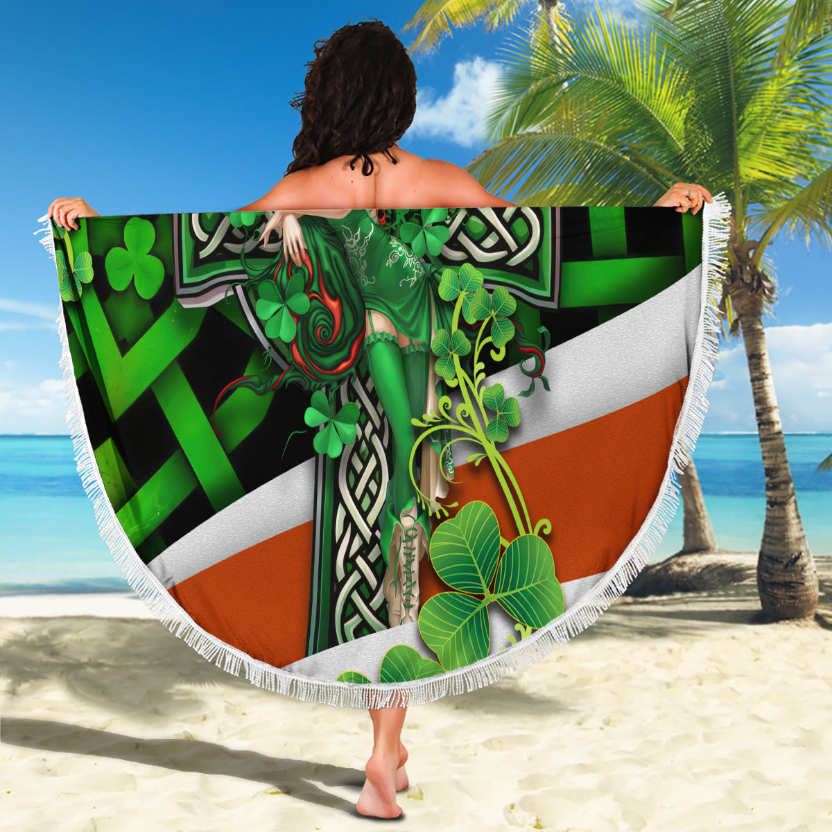 Patrick Day - Irish Cross - Lucky Girl Beach Blanket - Wonder Print Shop
