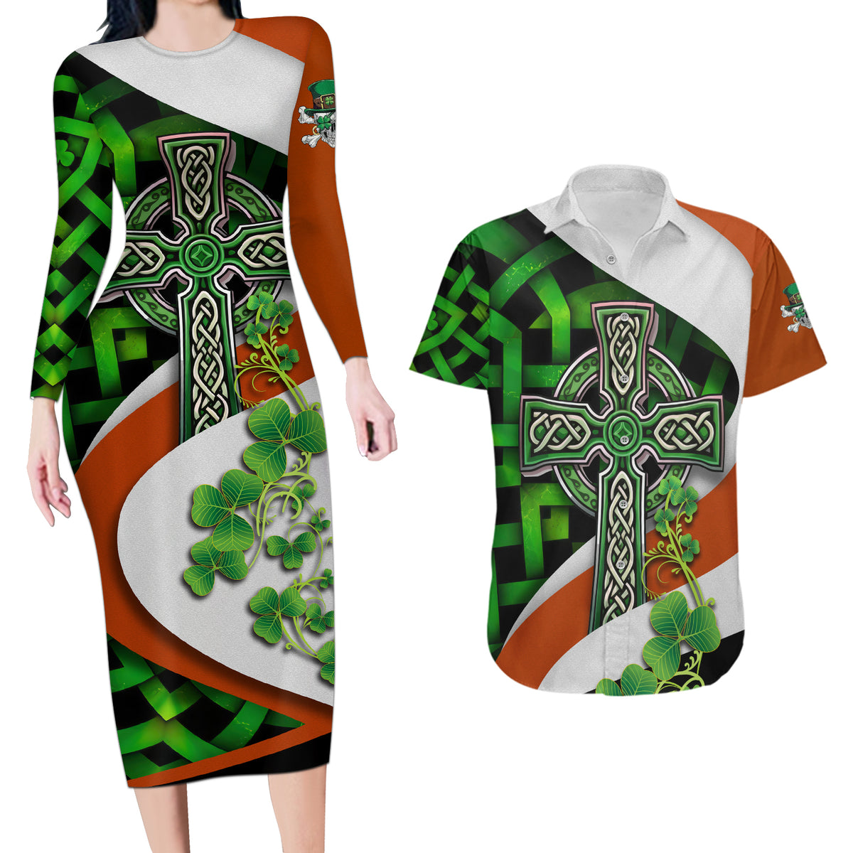 Patrick Day - Irish Cross - Lucky Girl Couples Matching Long Sleeve Bodycon Dress and Hawaiian Shirt - Wonder Print Shop