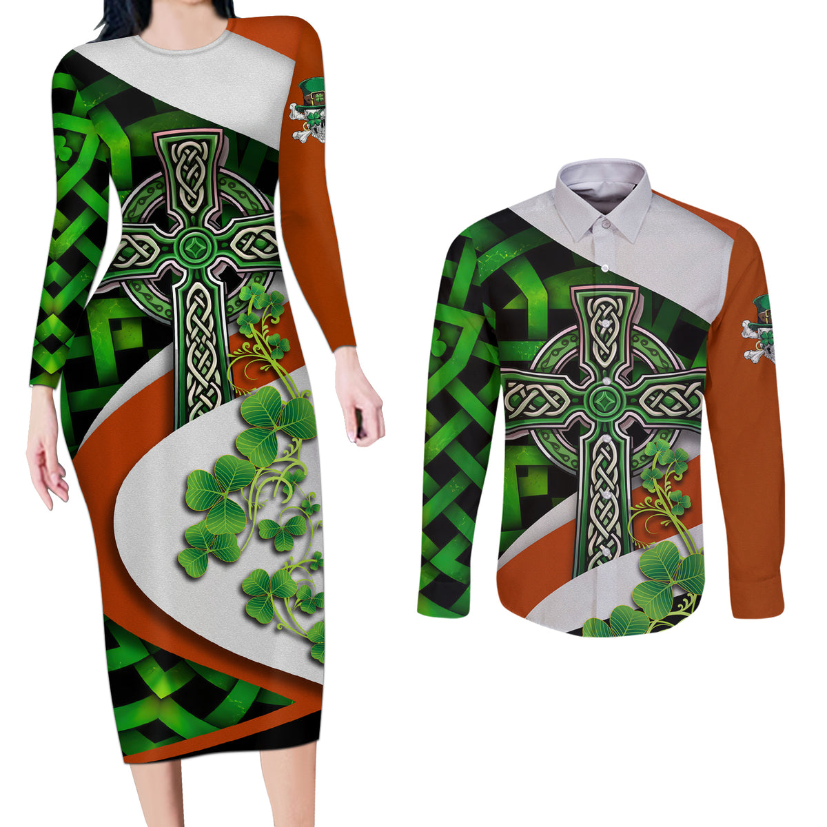 Patrick Day - Irish Cross - Lucky Girl Couples Matching Long Sleeve Bodycon Dress and Long Sleeve Button Shirt - Wonder Print Shop