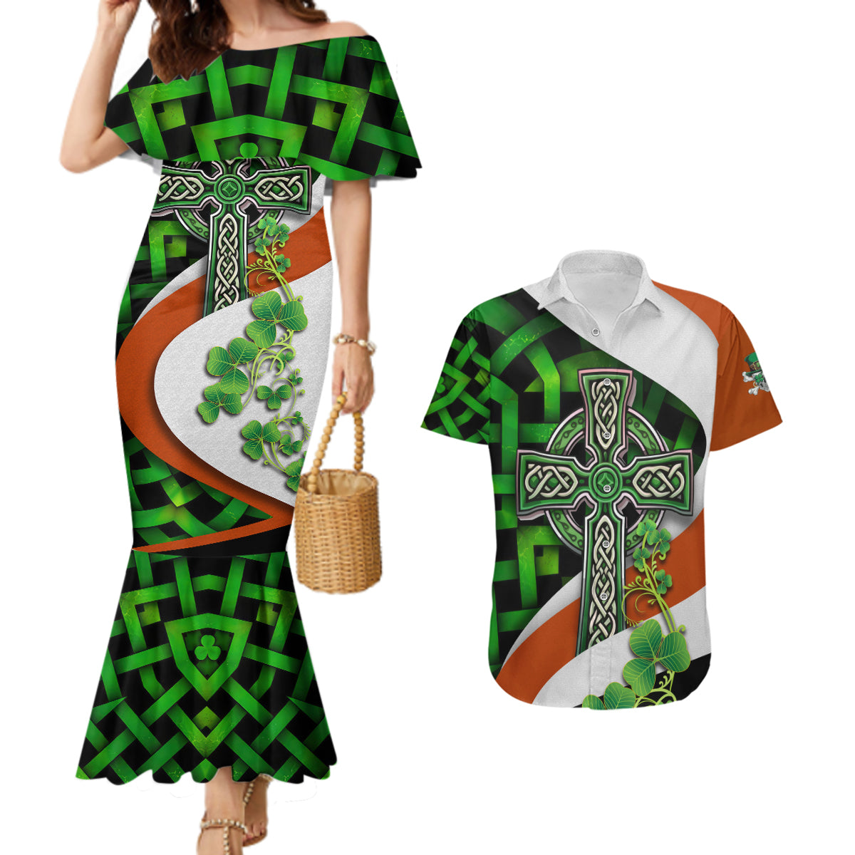 Patrick Day - Irish Cross - Lucky Girl Couples Matching Mermaid Dress and Hawaiian Shirt - Wonder Print Shop