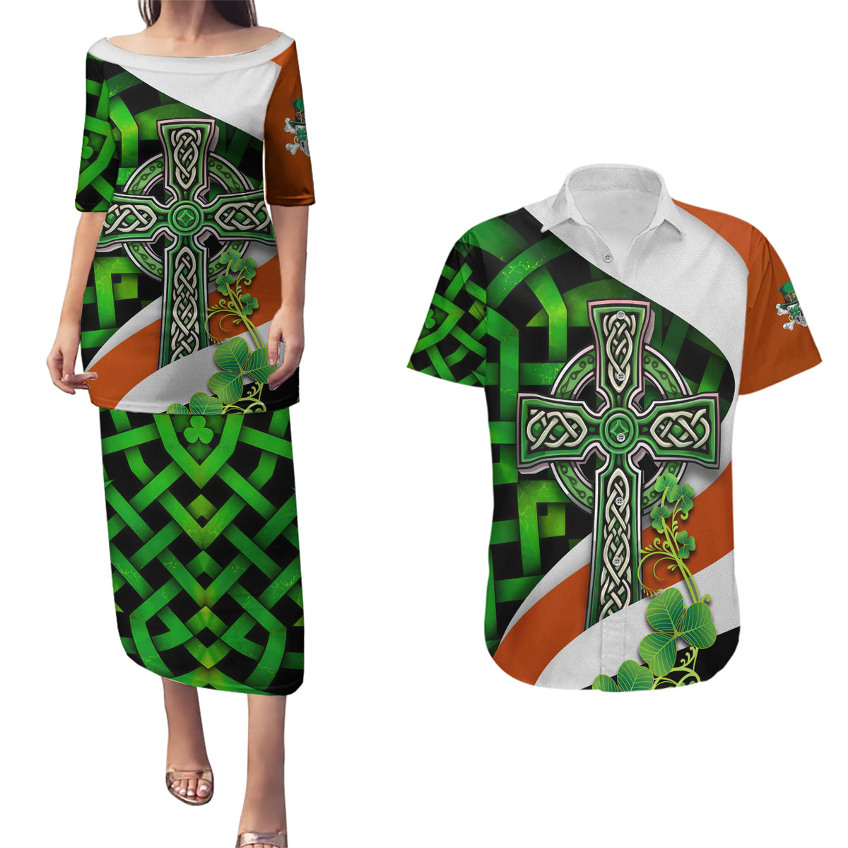 Patrick Day - Irish Cross - Lucky Girl Couples Matching Puletasi and Hawaiian Shirt - Wonder Print Shop