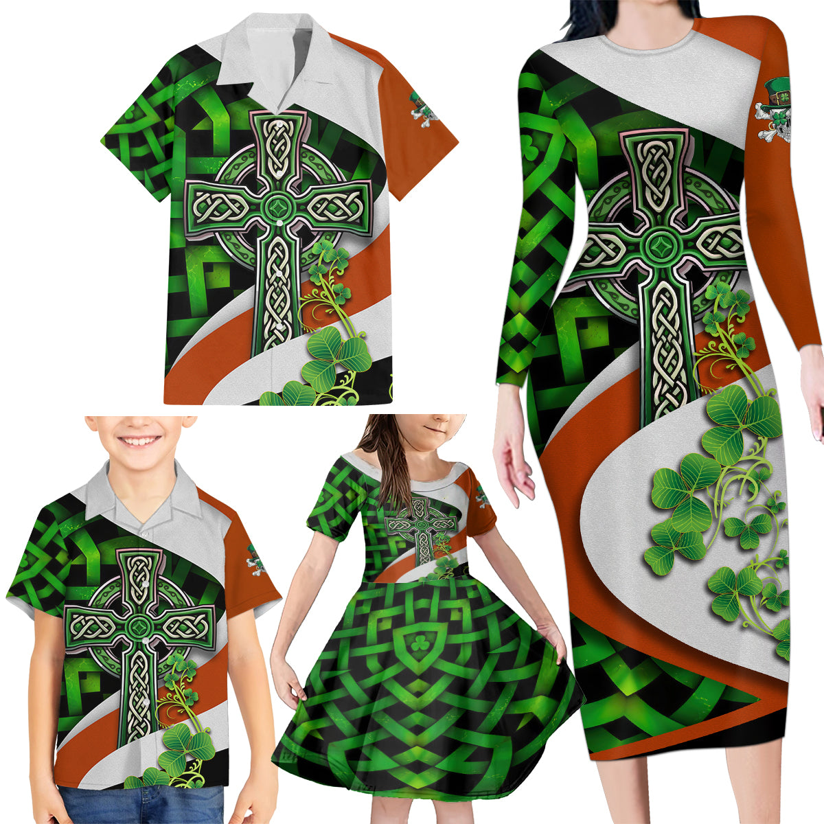 Patrick Day - Irish Cross - Lucky Girl Family Matching Long Sleeve Bodycon Dress and Hawaiian Shirt - Wonder Print Shop