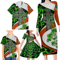Patrick Day - Irish Cross - Lucky Girl Family Matching Long Sleeve Bodycon Dress and Hawaiian Shirt - Wonder Print Shop