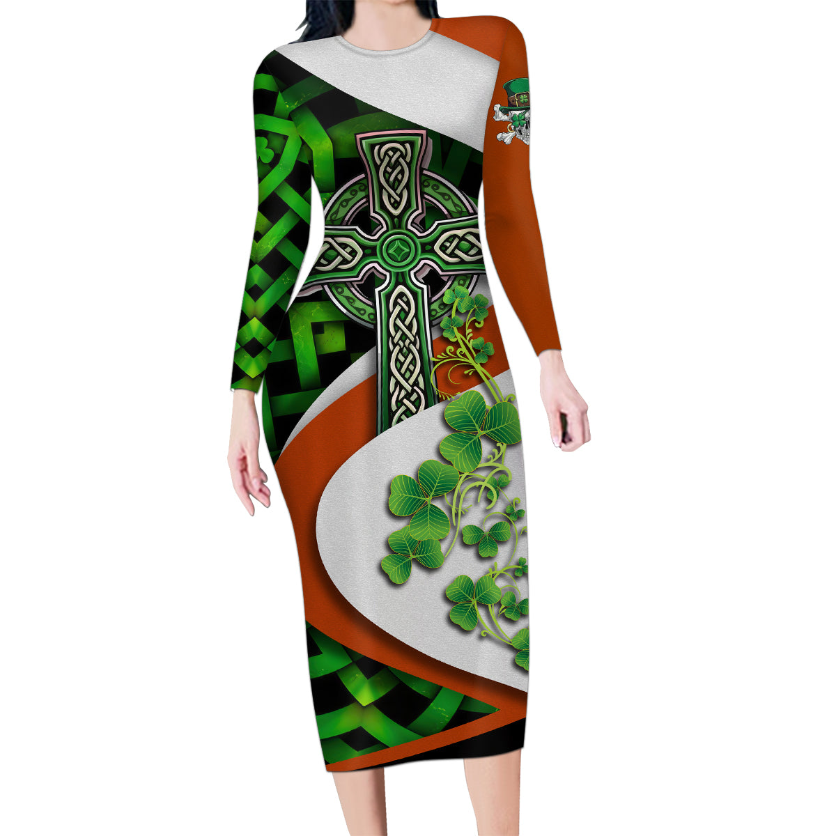 Patrick Day - Irish Cross - Lucky Girl Family Matching Long Sleeve Bodycon Dress and Hawaiian Shirt - Wonder Print Shop