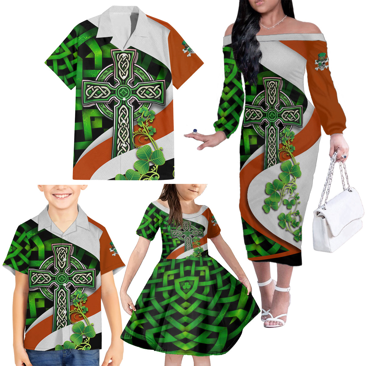 Patrick Day - Irish Cross - Lucky Girl Family Matching Off Shoulder Long Sleeve Dress and Hawaiian Shirt - Wonder Print Shop