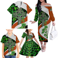 Patrick Day - Irish Cross - Lucky Girl Family Matching Off Shoulder Long Sleeve Dress and Hawaiian Shirt - Wonder Print Shop