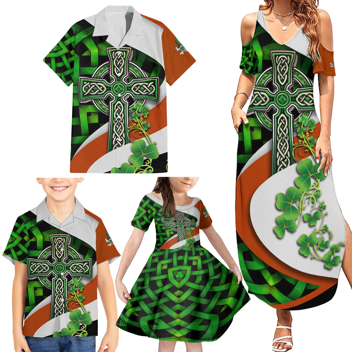Patrick Day - Irish Cross - Lucky Girl Family Matching Summer Maxi Dress and Hawaiian Shirt - Wonder Print Shop