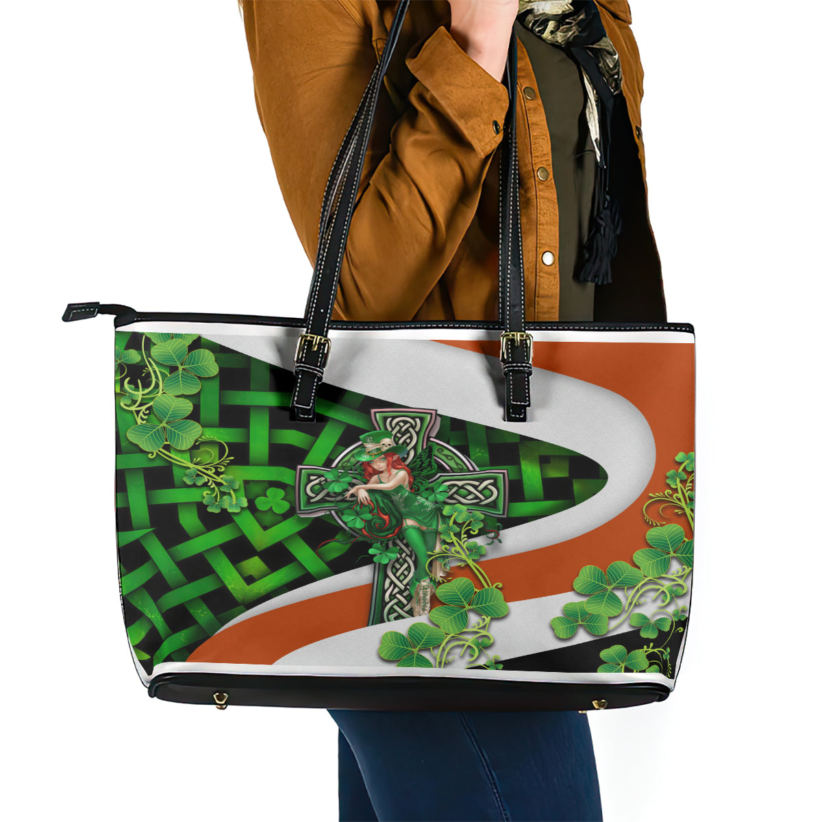 Patrick Day - Irish Cross - Lucky Girl Leather Tote Bag - Wonder Print Shop