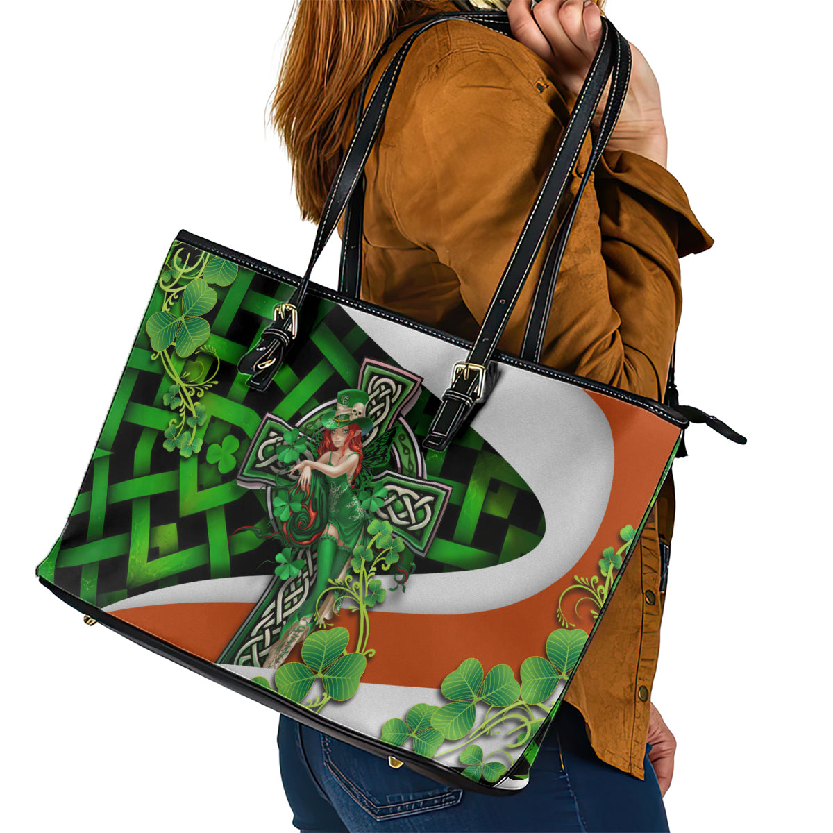 Patrick Day - Irish Cross - Lucky Girl Leather Tote Bag - Wonder Print Shop