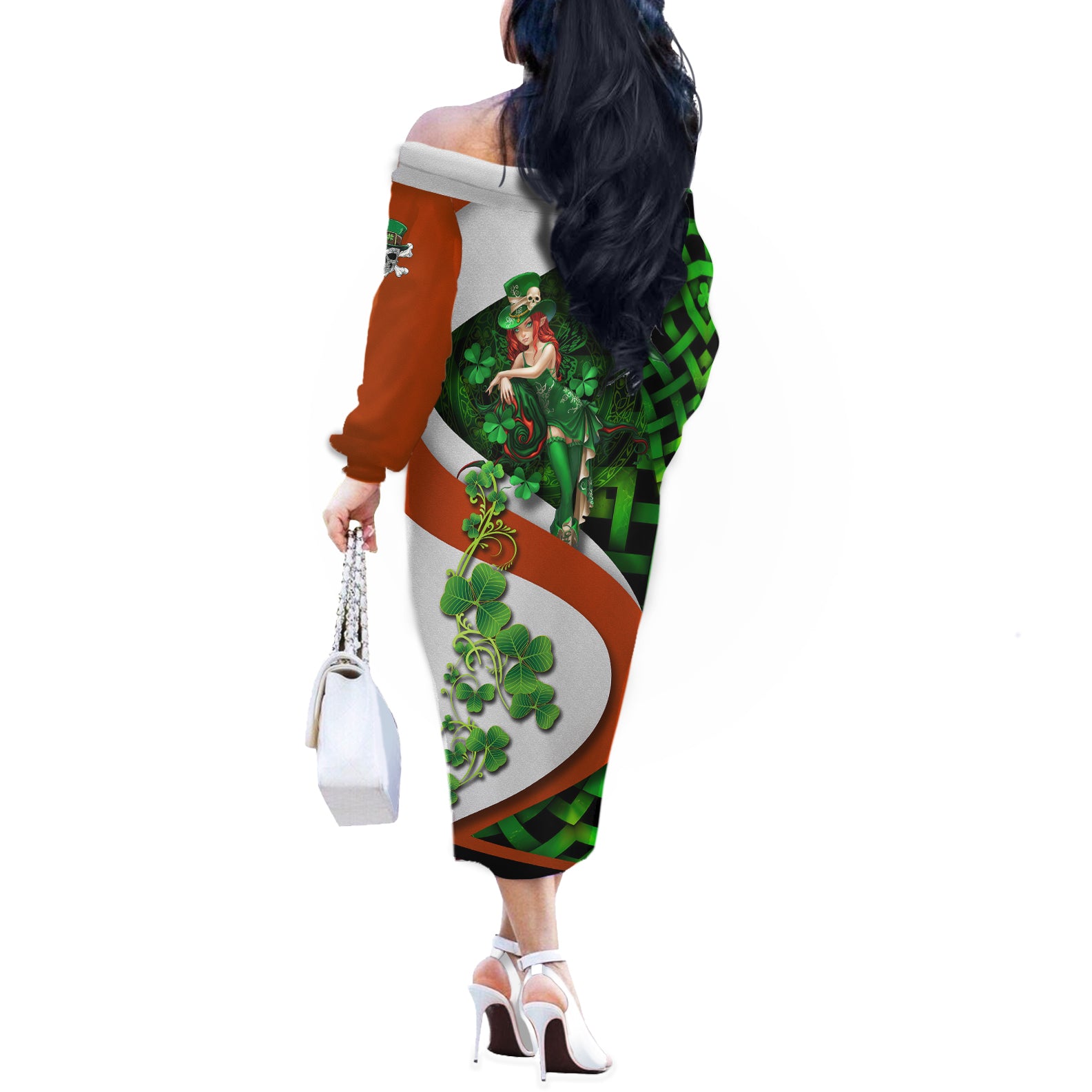 Patrick Day - Irish Cross - Lucky Girl Off The Shoulder Long Sleeve Dress - Wonder Print Shop