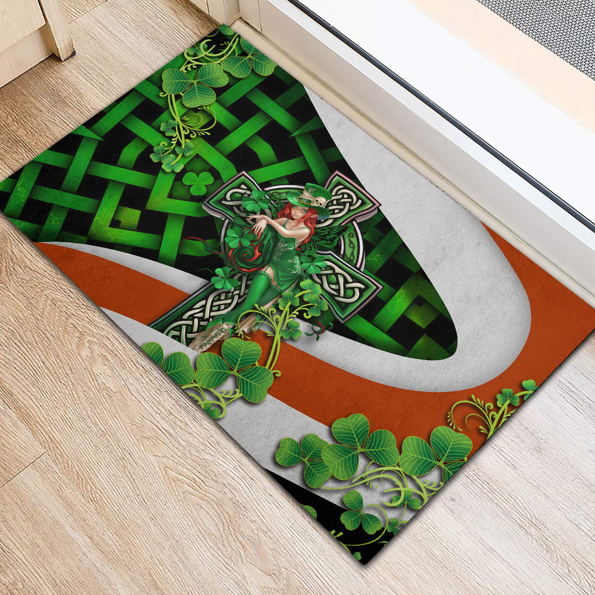 Patrick Day - Irish Cross - Lucky Girl Rubber Doormat - Wonder Print Shop
