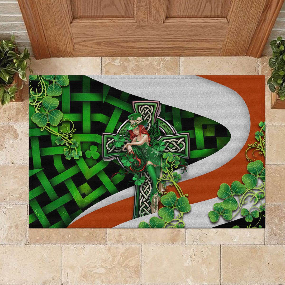 Patrick Day - Irish Cross - Lucky Girl Rubber Doormat - Wonder Print Shop