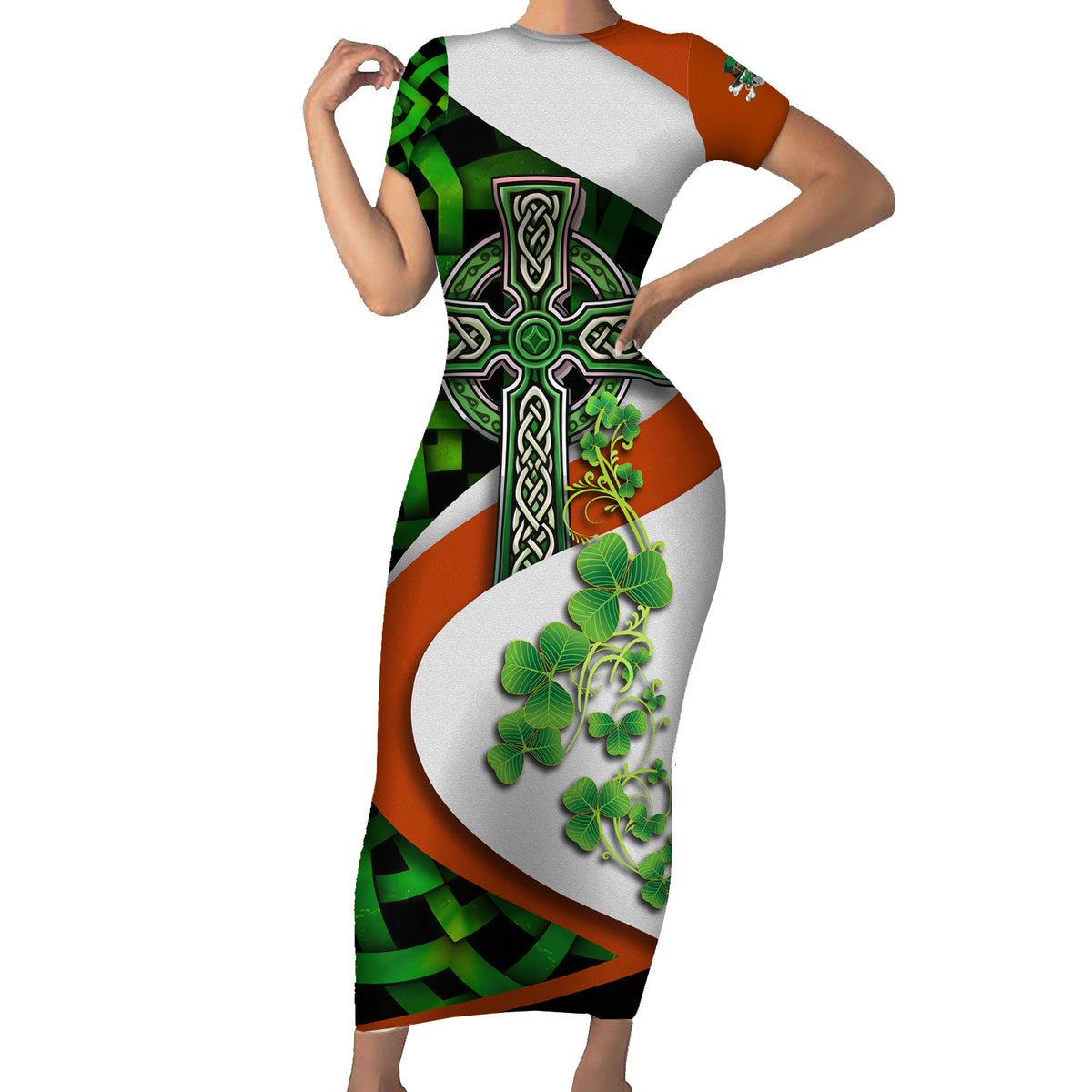 Patrick Day - Irish Cross - Lucky Girl Short Sleeve Bodycon Dress - Wonder Print Shop