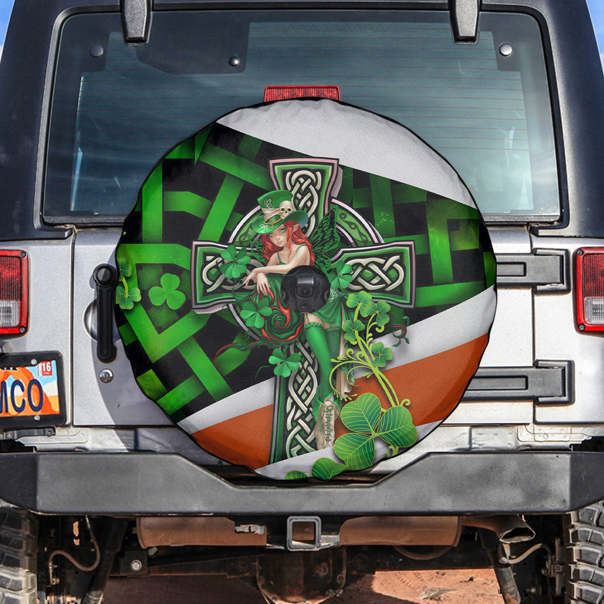 Patrick Day - Irish Cross - Lucky Girl Spare Tire Cover - Wonder Print Shop