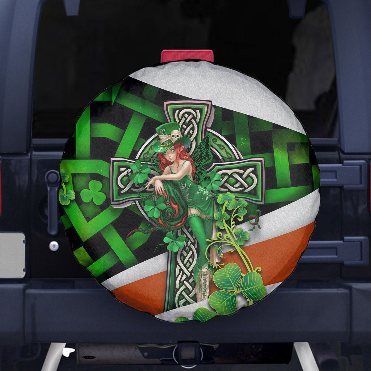 Patrick Day - Irish Cross - Lucky Girl Spare Tire Cover - Wonder Print Shop