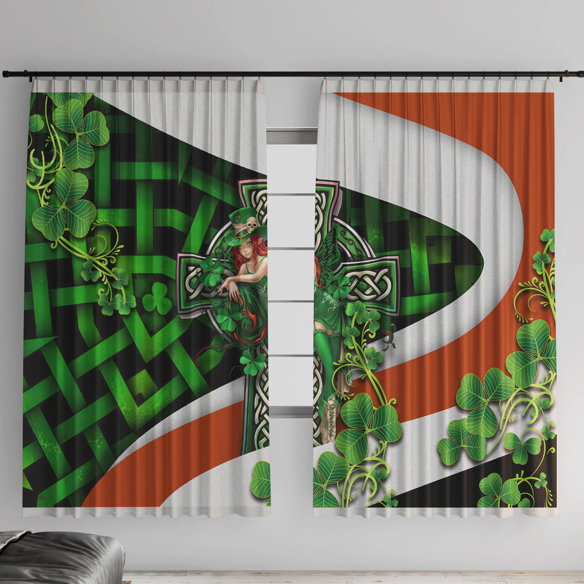 Patrick Day - Irish Cross - Lucky Girl Window Curtain - Wonder Print Shop
