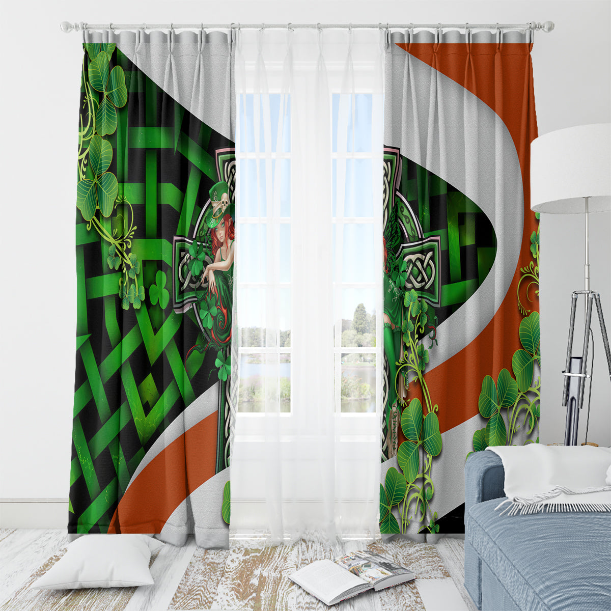 Patrick Day - Irish Cross - Lucky Girl Window Curtain - Wonder Print Shop