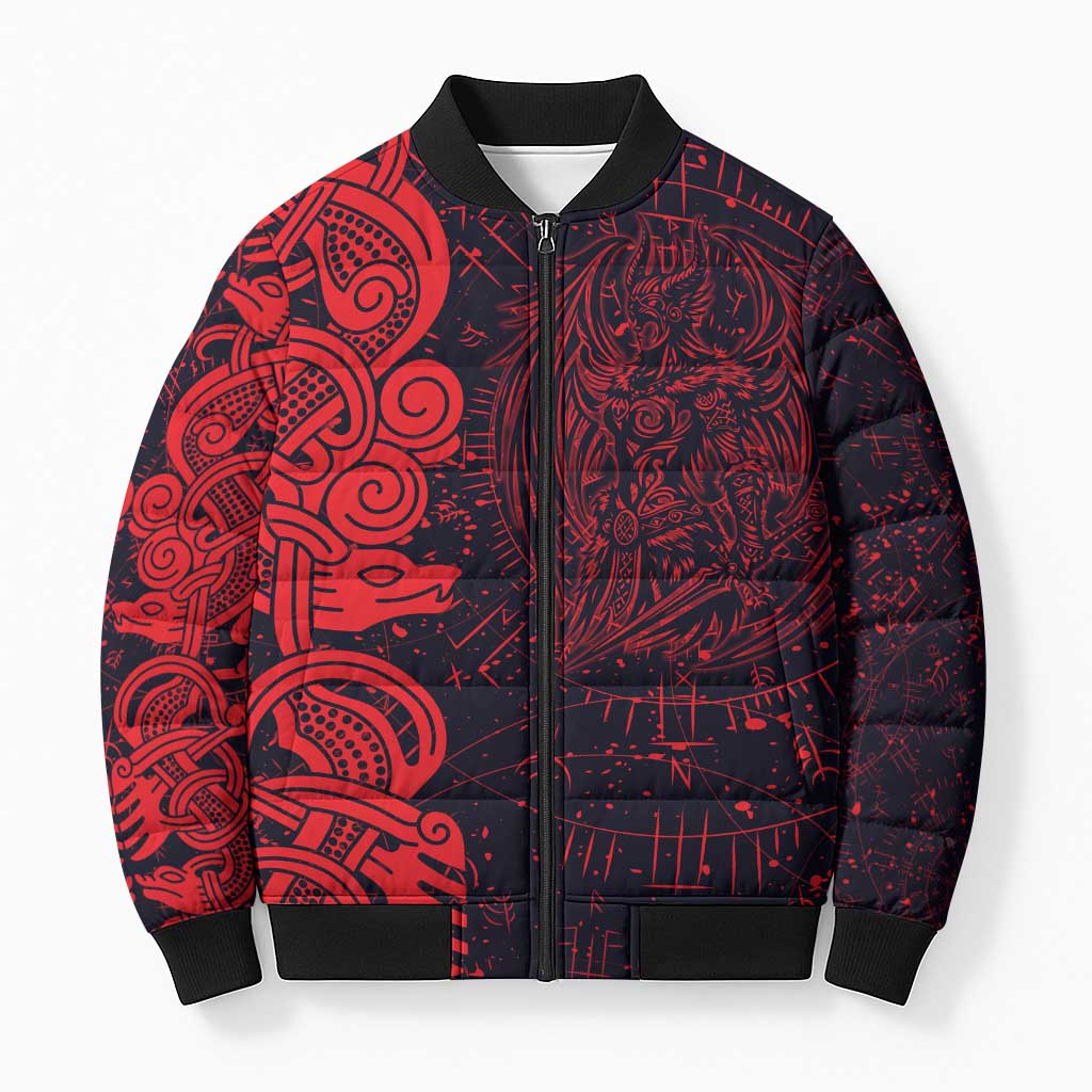 Norse Viking Dragon Bomber Puffer Jacket Celtic Knotwork and Runic Mythology Art