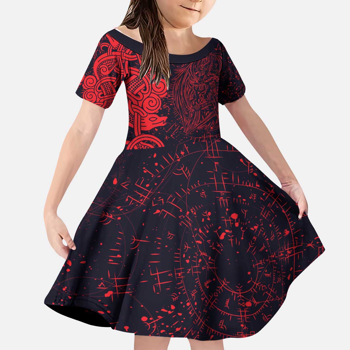 Norse Viking Dragon Kid Short Sleeve Dress Celtic Knotwork and Runic Mythology Art
