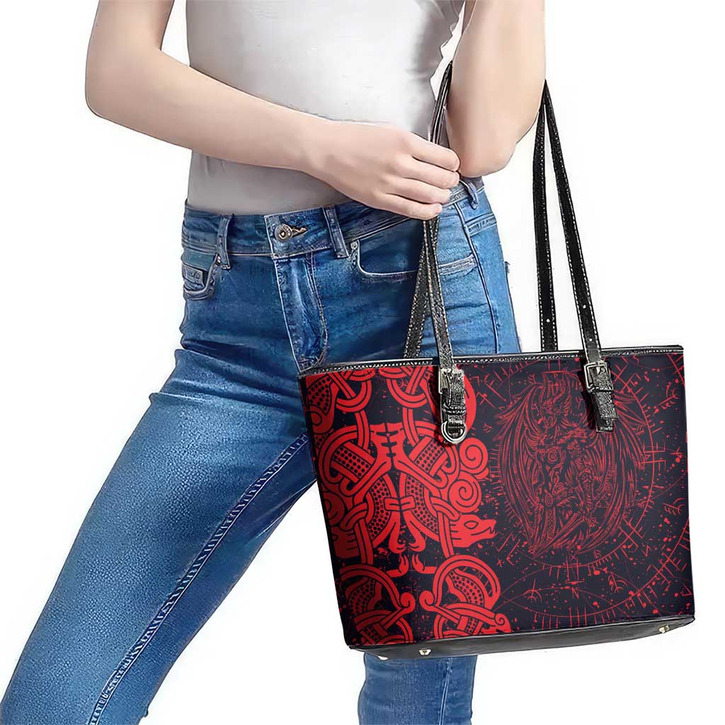 Norse Viking Dragon Leather Tote Bag Celtic Knotwork and Runic Mythology Art