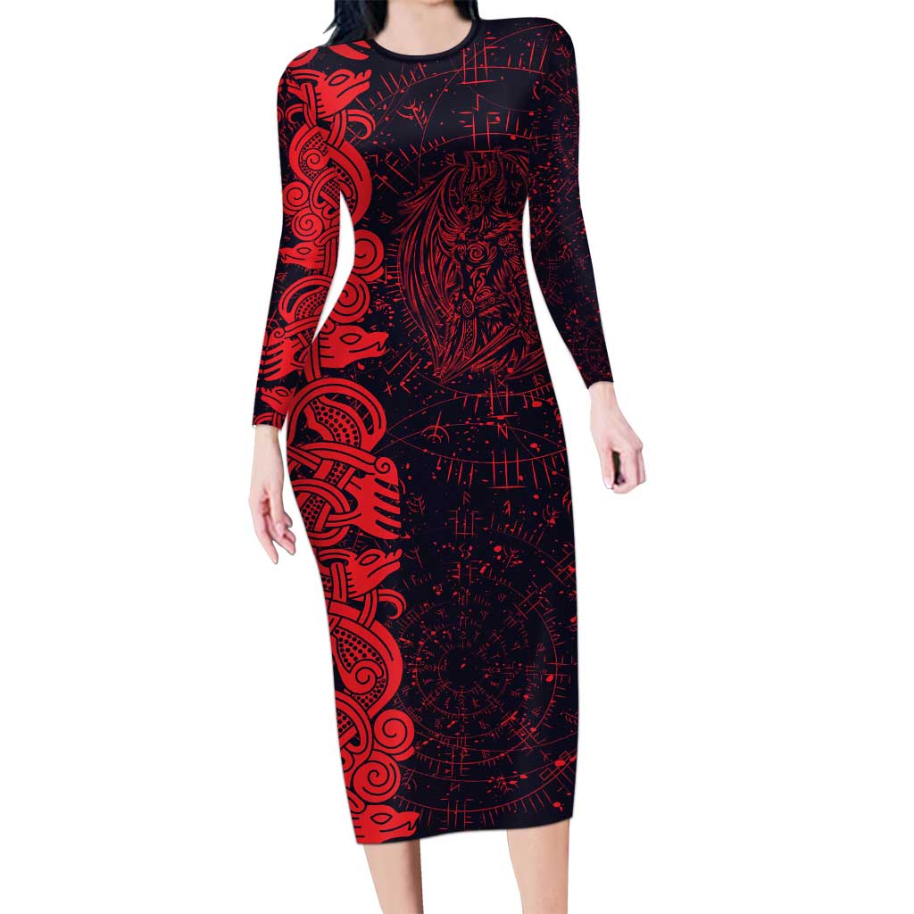 Norse Viking Dragon Long Sleeve Bodycon Dress Celtic Knotwork and Runic Mythology Art