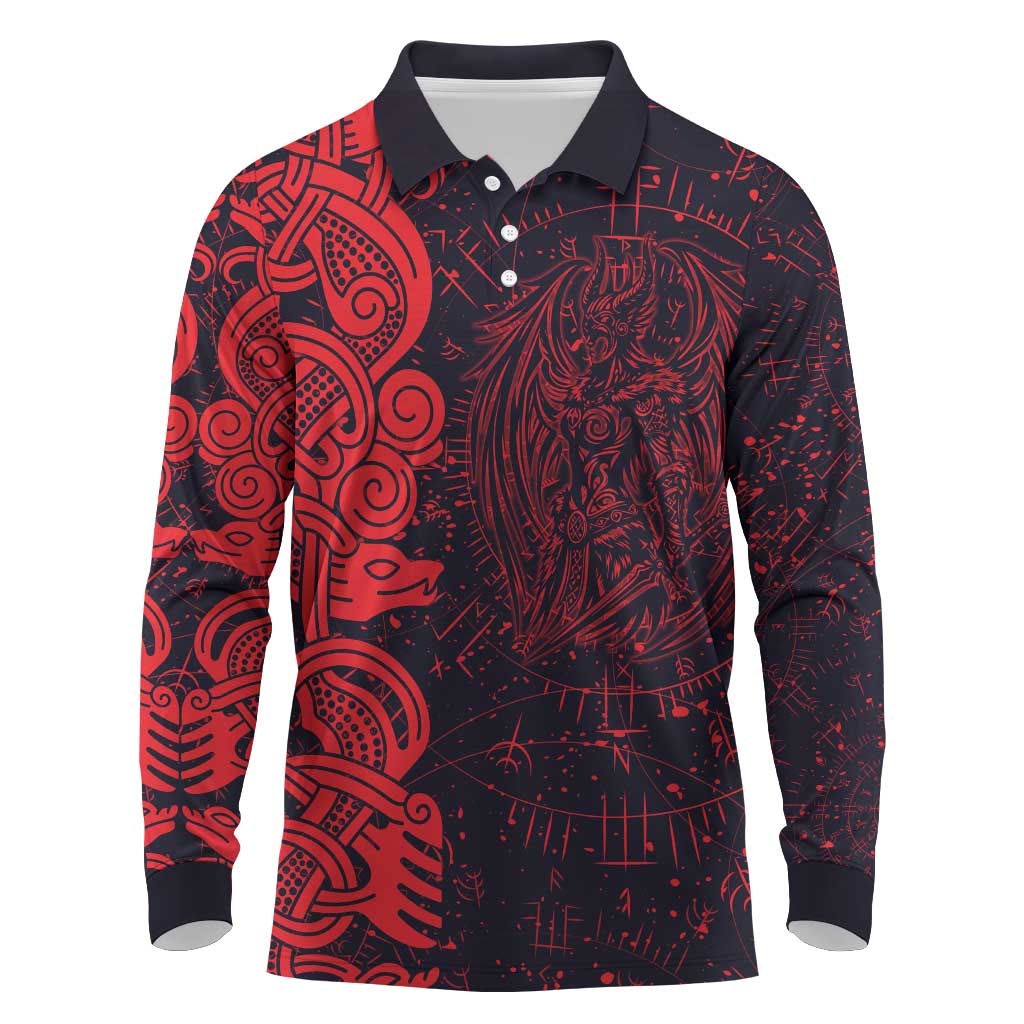 Norse Viking Dragon Long Sleeve Polo Shirt Celtic Knotwork and Runic Mythology Art