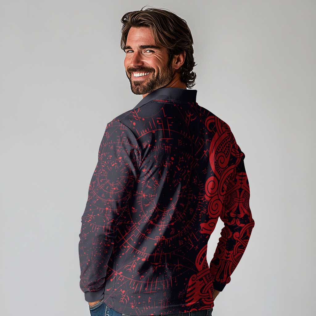 Norse Viking Dragon Long Sleeve Polo Shirt Celtic Knotwork and Runic Mythology Art