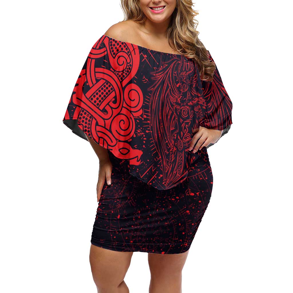Norse Viking Dragon Off Shoulder Short Dress Celtic Knotwork and Runic Mythology Art