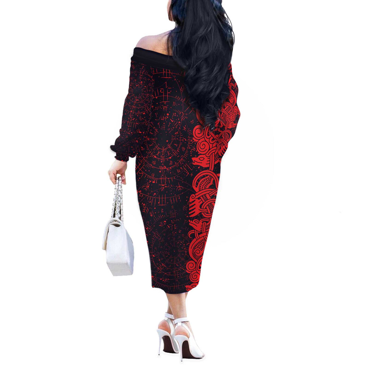 Norse Viking Dragon Off The Shoulder Long Sleeve Dress Celtic Knotwork and Runic Mythology Art