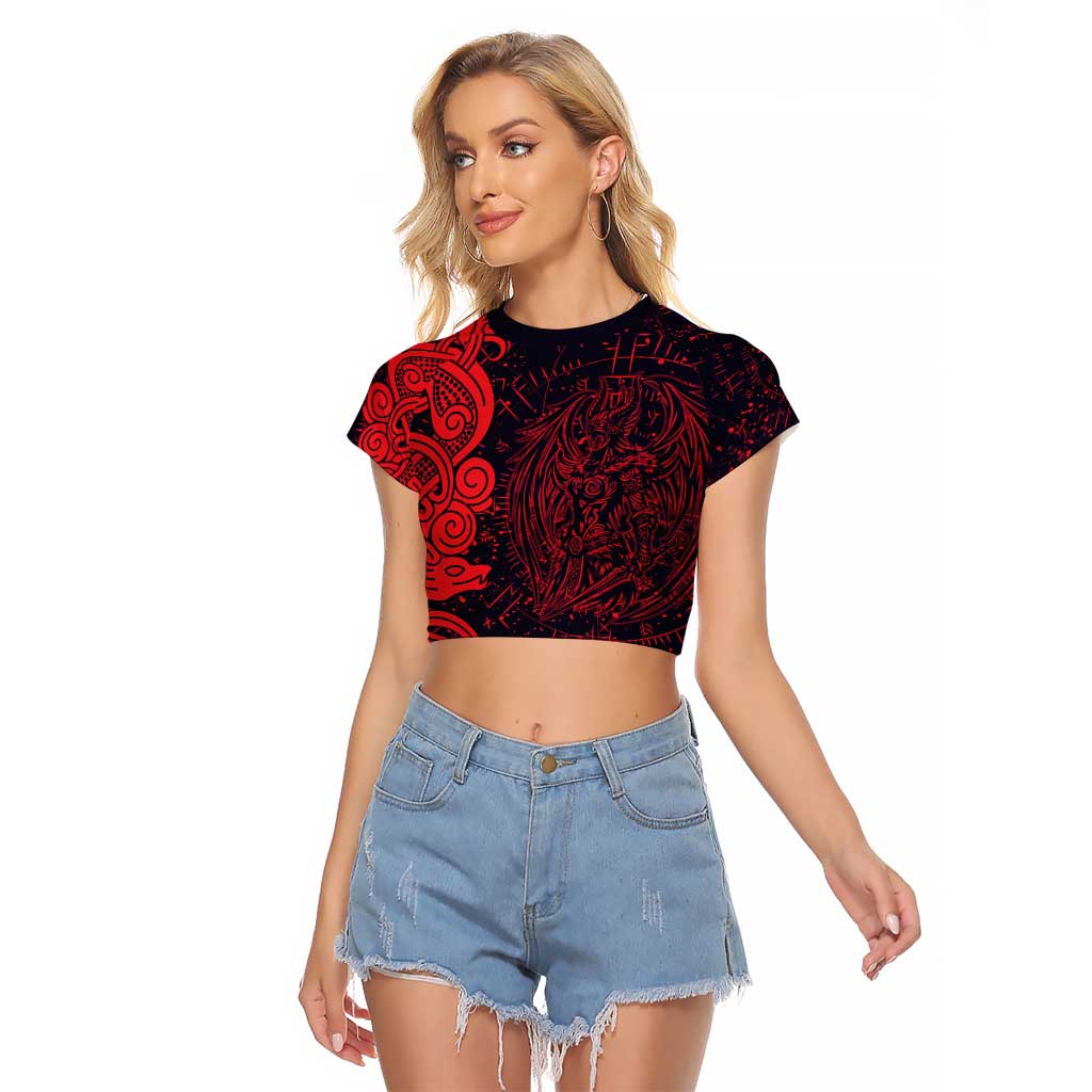 Norse Viking Dragon Raglan Cropped T Shirt Celtic Knotwork and Runic Mythology Art