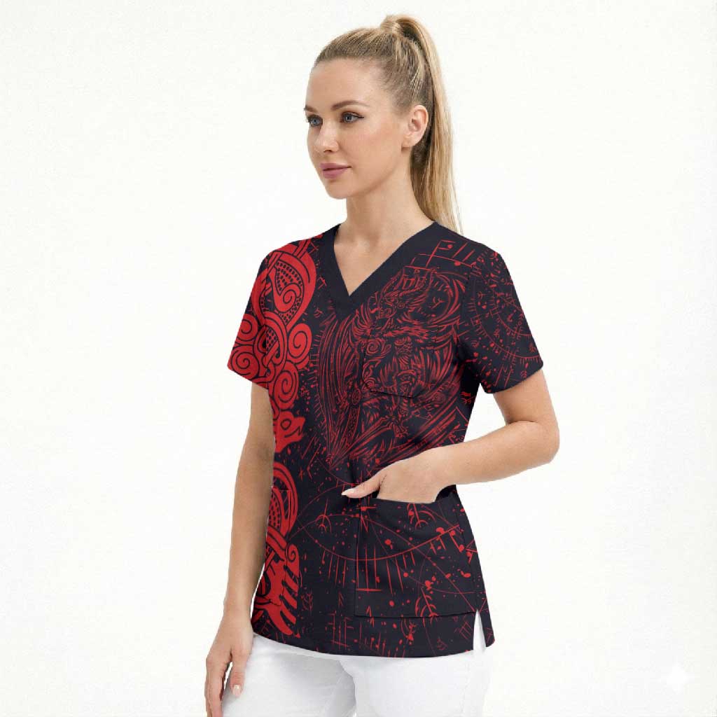 Norse Viking Dragon Scrub Top Celtic Knotwork and Runic Mythology Art