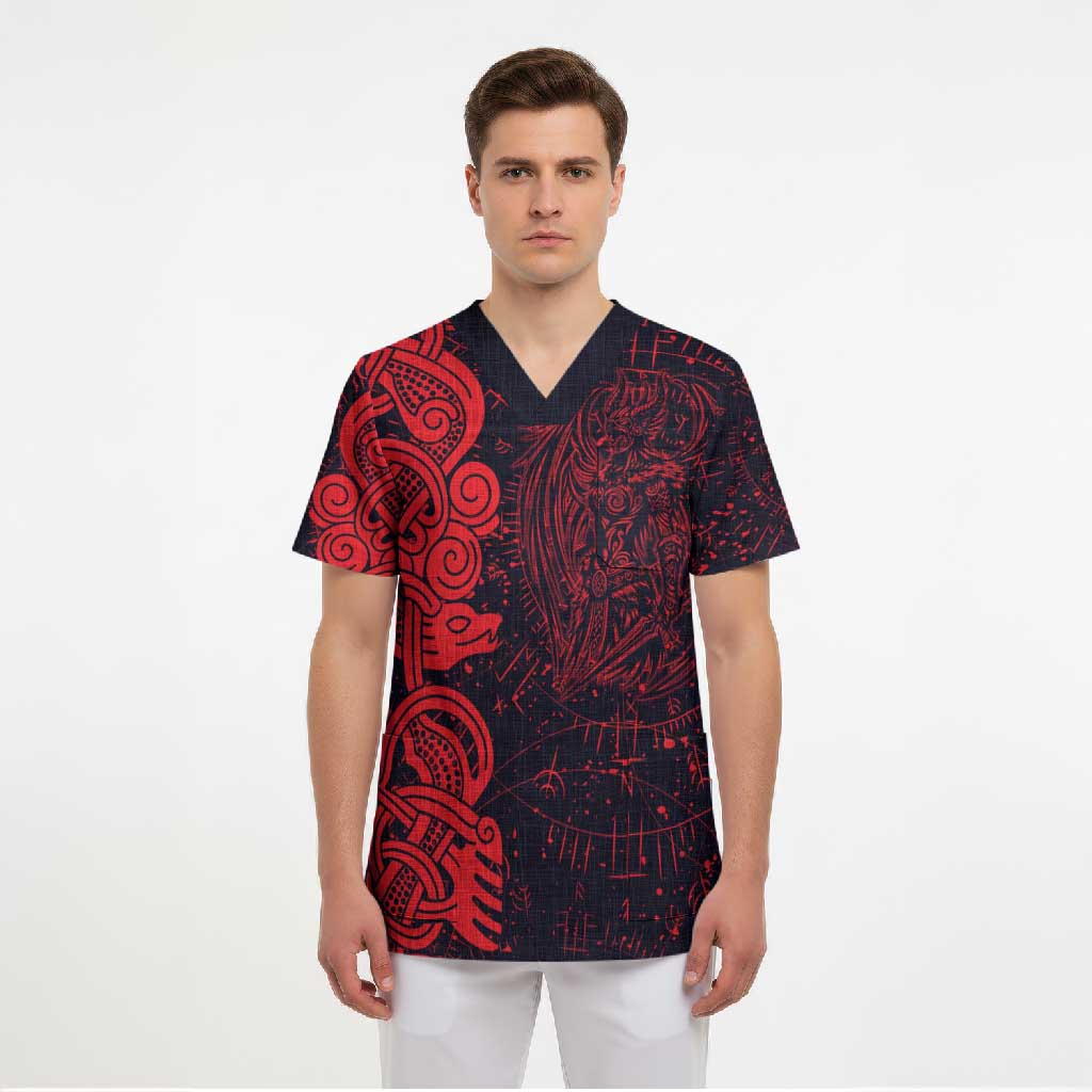 Norse Viking Dragon Scrub Top Celtic Knotwork and Runic Mythology Art