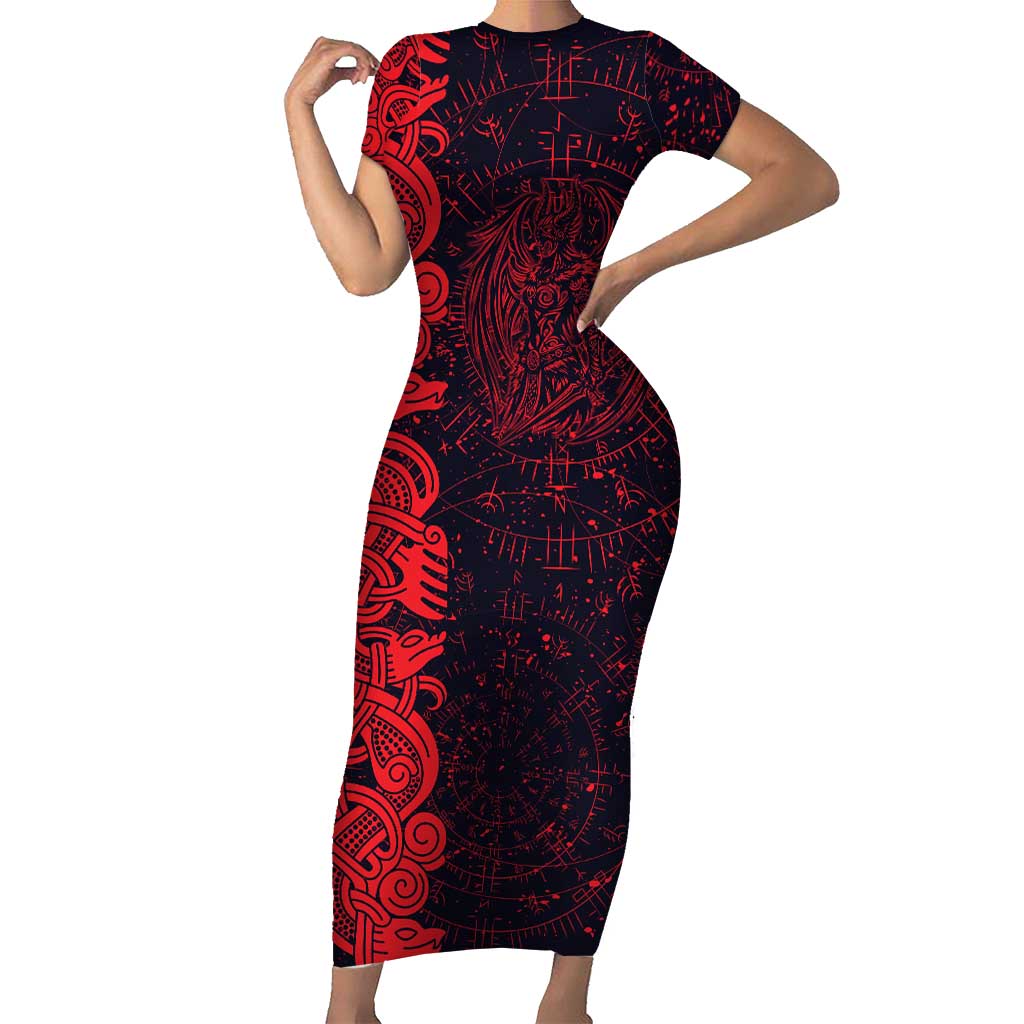 Norse Viking Dragon Short Sleeve Bodycon Dress Celtic Knotwork and Runic Mythology Art